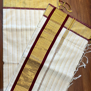 Line Weaving Pattern Kerala Cotton Balaramapuram Saree | KL290