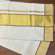 Brick red and gold color combination stripe printed handwoven Chendamangalam saree | KB106