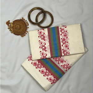 Multiple Color Printed Border Design  Kerala Cotton Double Set Dhothie | GAT140