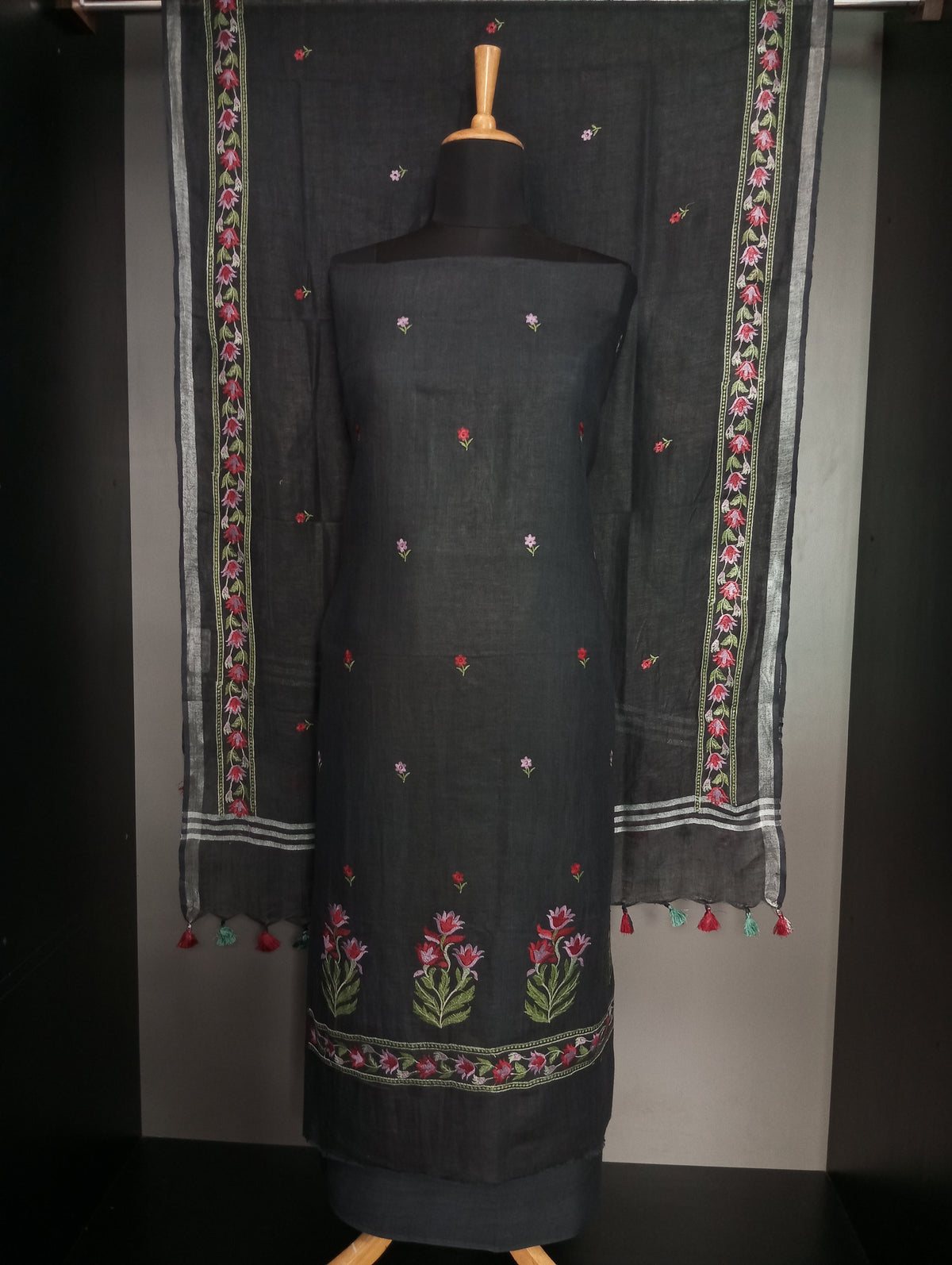 Multi Colour Embroidered Semi Linen Salwar Set | NHH755
