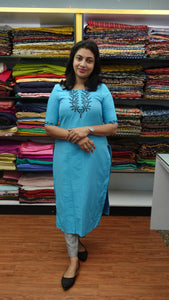 Sky blue color hand aari worked kurtha material | UNSTITCHED | DN190