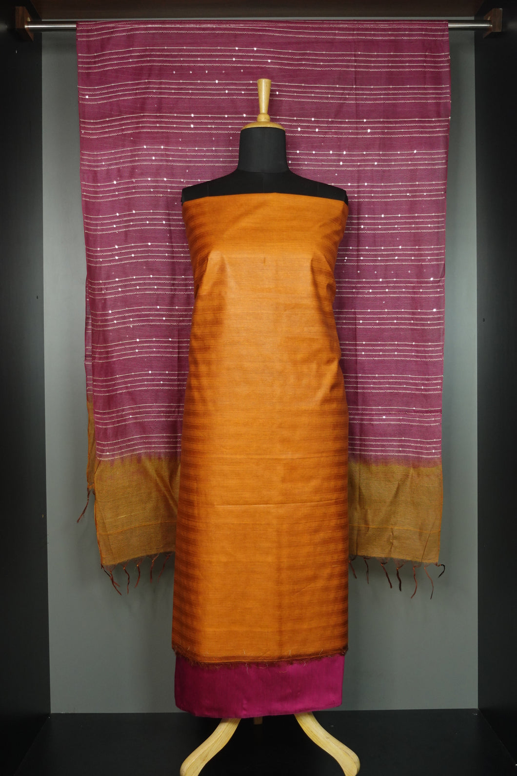 Orange & Magenta Pink Soft Tussar Salwar Set Unstitched | MNH274