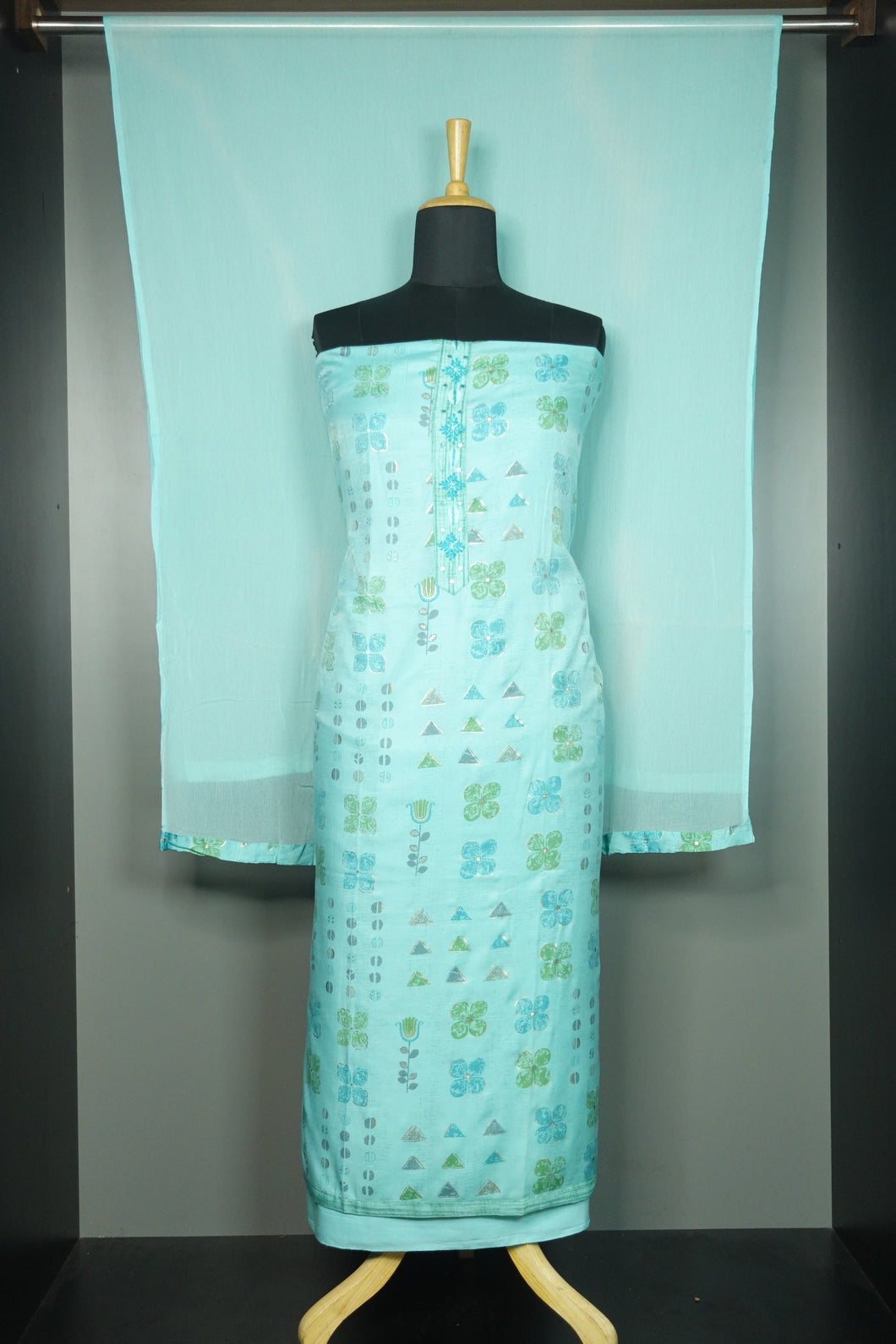 Teal blue color printed rayon salwar set | SW740