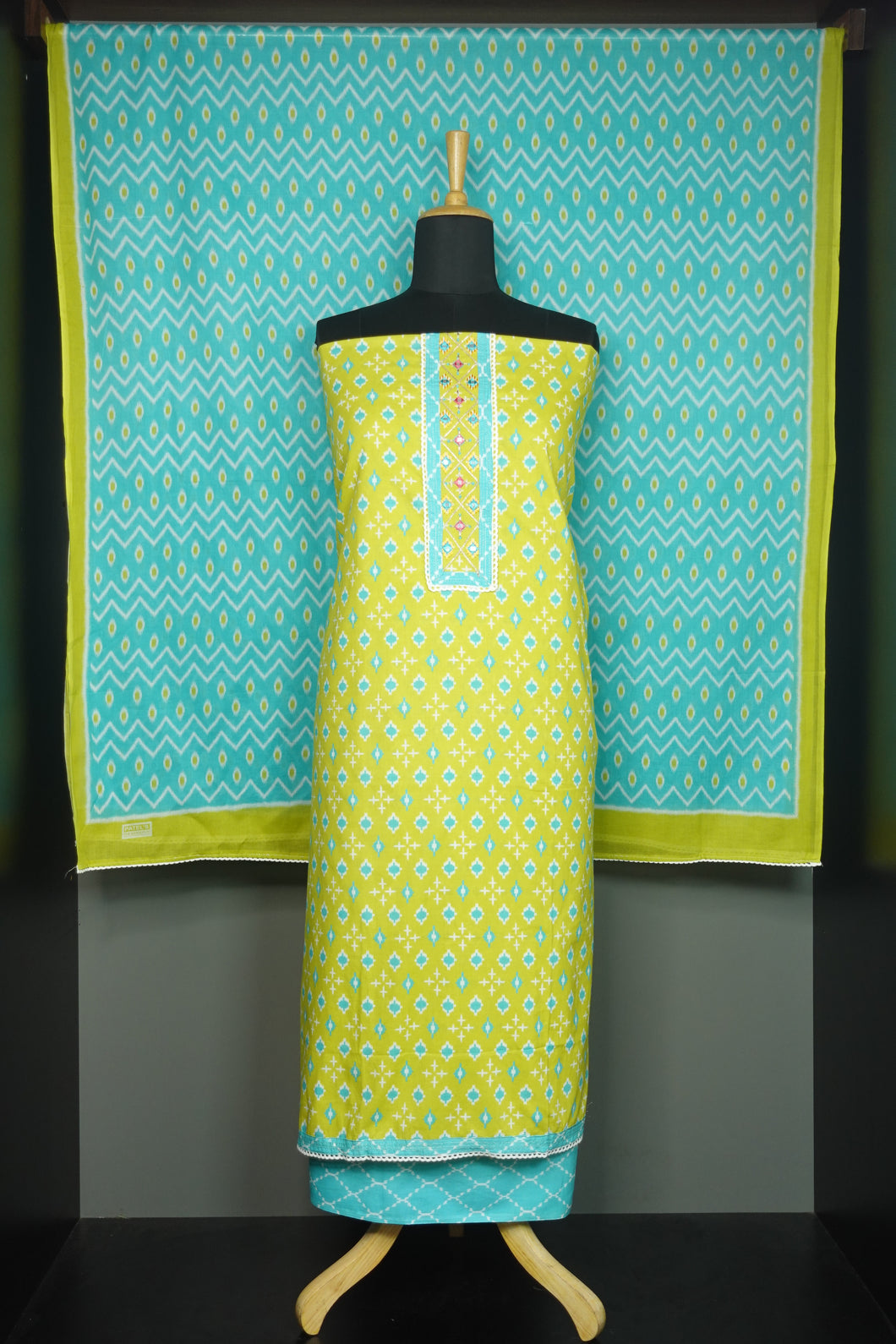 Pista green colour ikat printed soft cotton salwar set | SW699