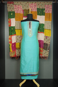 Teal blue color patch- work dupatta with kantha work embroidery  | SW327