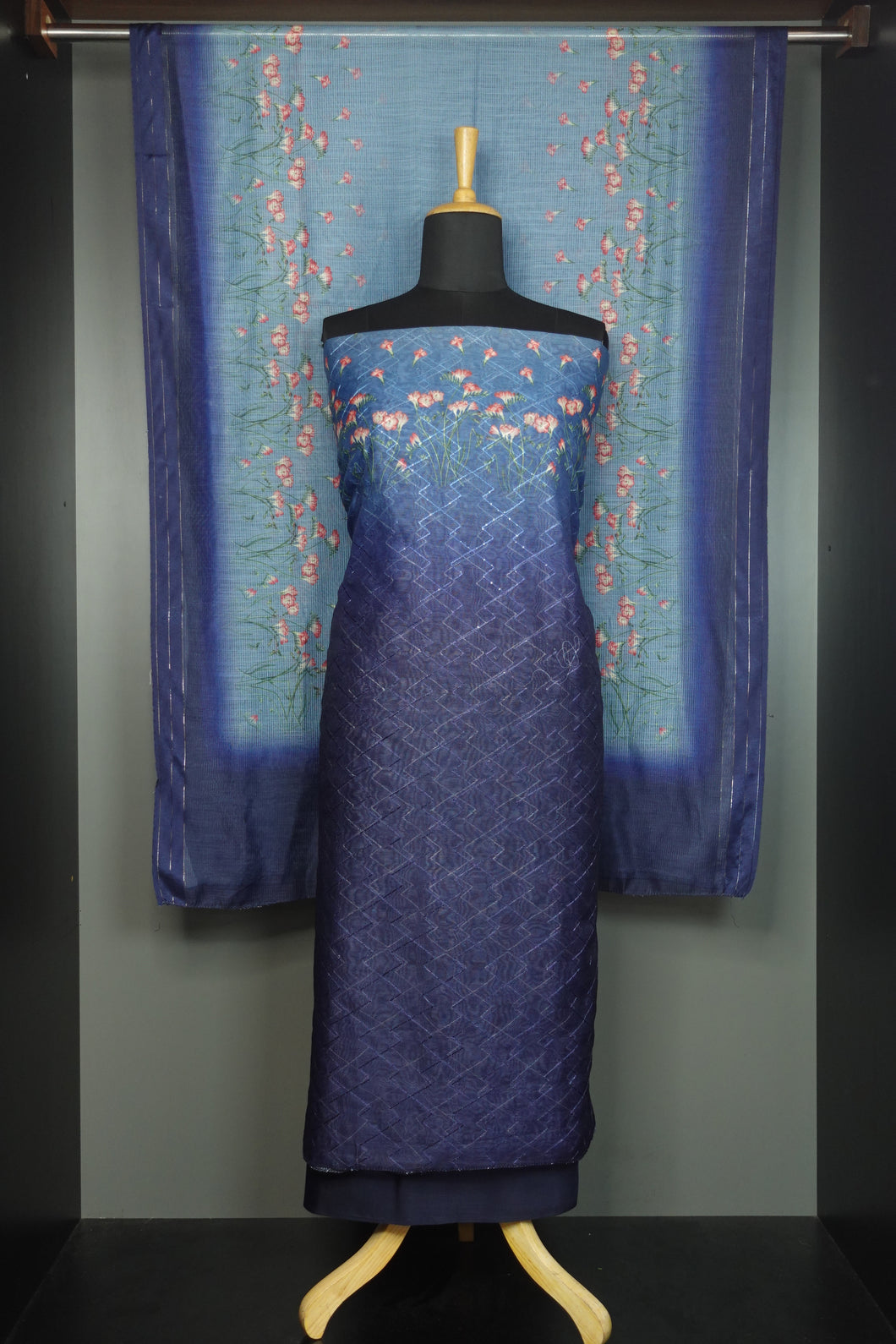 Navy blue colour chanderi weave with linen finish digital printed salwar set | MS384