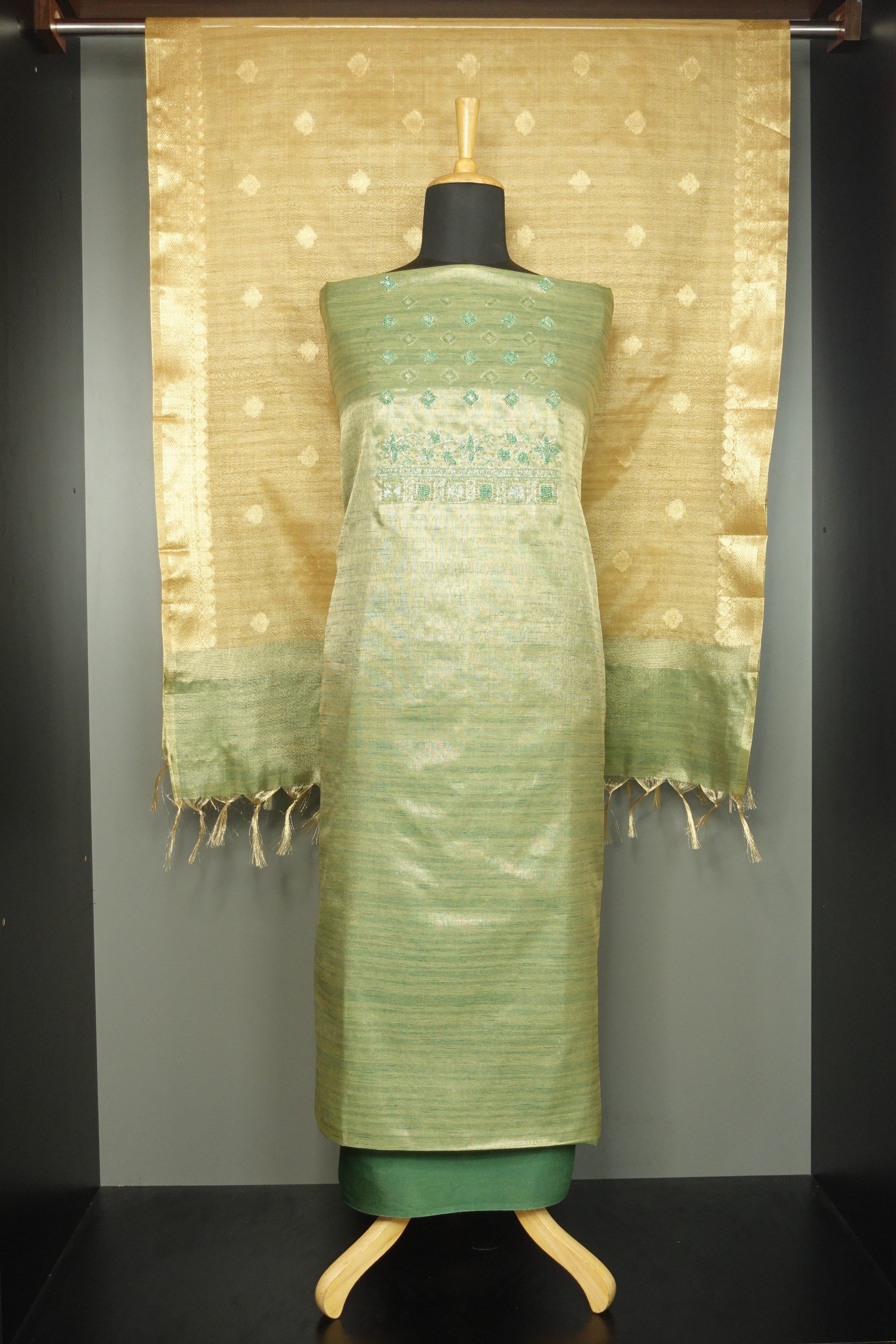 Hand Embroidered Golden Tissue Salwar Set | AMB144