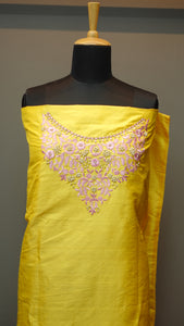 Yellow color embroidered raw silk kurtha material | UNSTITCHED | DN195