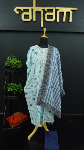 Blue colour semi stitched muslin salwar set | IO142