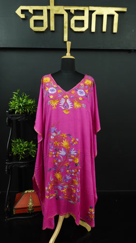 Magenta pink colour Kashmiri finish computerized embroidered rayon kaftan | HK242