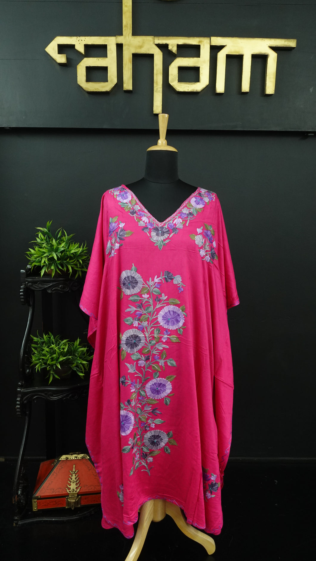 Rani pink colour Kashmiri finish computerized embroidered rayon kaftan | HK240