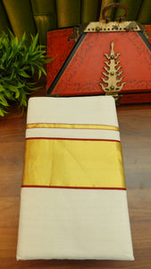 Brick red and gold color combination stripe printed handwoven Chendamangalam saree | KB106