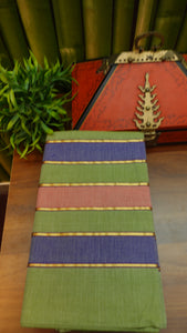 Purple, green and peach color combination stripe printed handwoven Chendamangalam saree | KC136