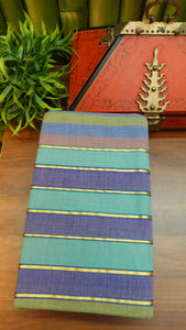 Multicolor with golden zari color combination stripe printed handwoven Chendamangalam saree | KC129