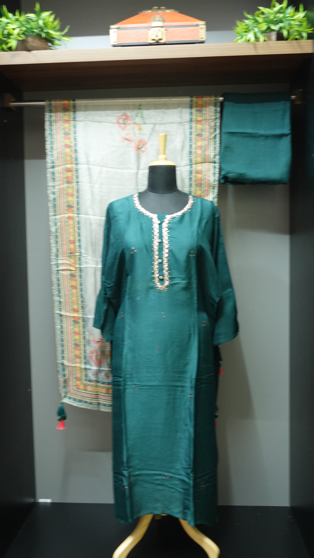 Semi Stitched Bottle Green Semi Silk Salwar Set | SW1061
