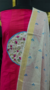 Bright magenta pink and blue color applique worked chanderi salwar set | SS616
