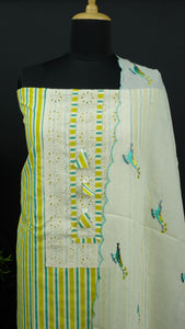 Lemon green and teal green colour combination semi stitched muslin salwar set | IO147