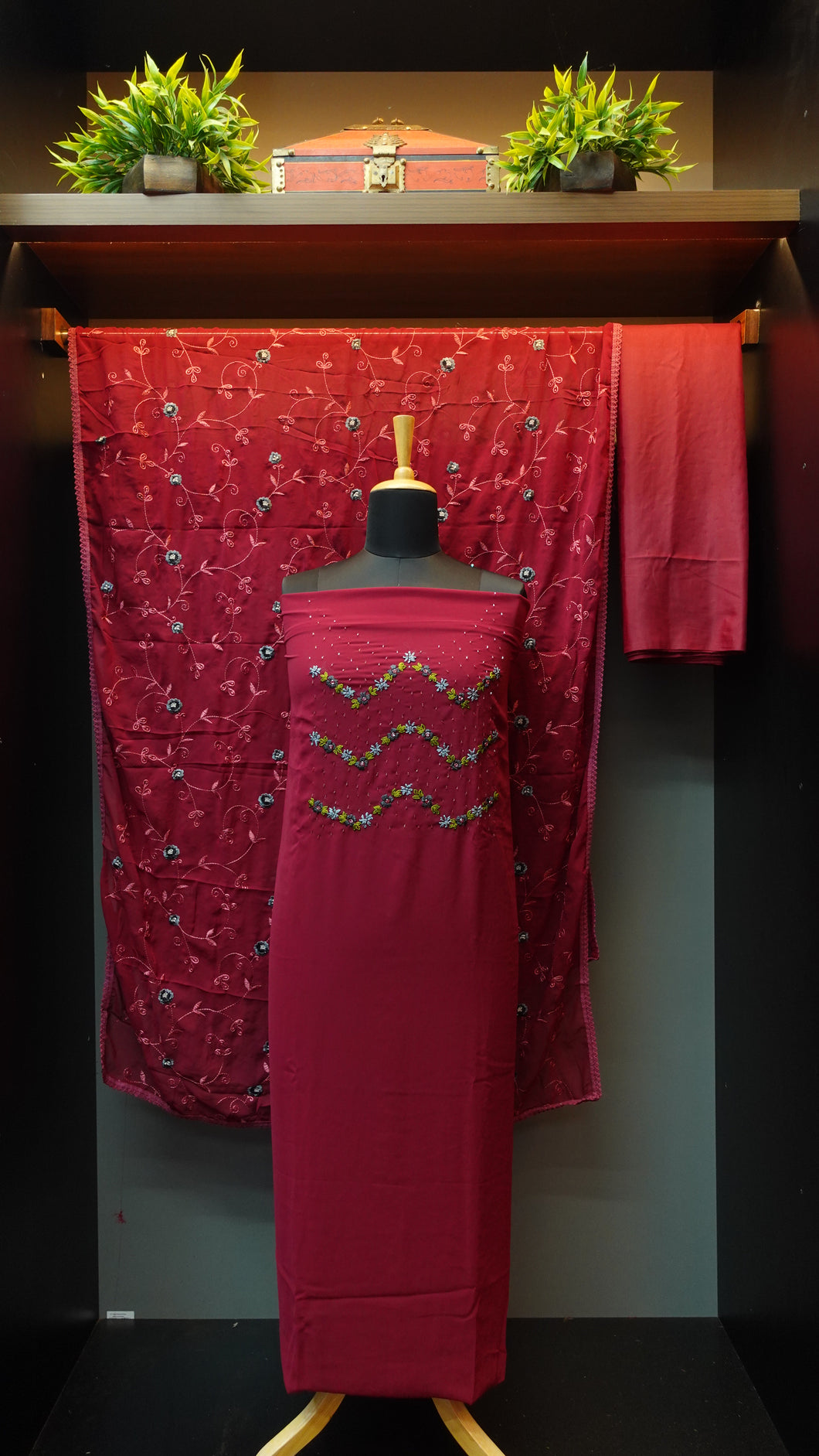Maroon color combination hand embroidered faux georgette salwar set | MS424