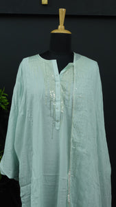 Pleasant teal blue color semi stitched party wear muslin salwar set | IO159
