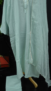 Pleasant teal blue color semi stitched party wear muslin salwar set | IO159