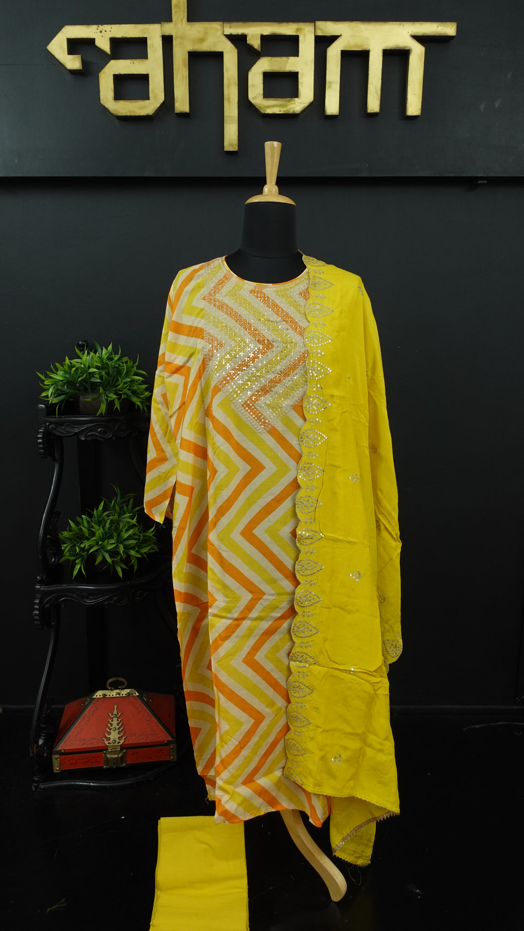 Yellow and orange color semi stitched party wear muslin salwar set | IO161