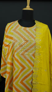 Yellow and orange color semi stitched party wear muslin salwar set | IO161