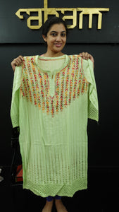 Pista green colour chikankari embroidered hakoba kurtha | LCF104