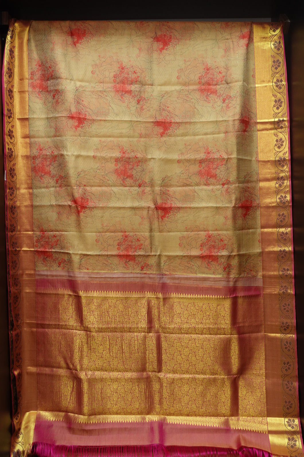 Beige and magenta colour digital printed  kanchipuram saree | ADB125