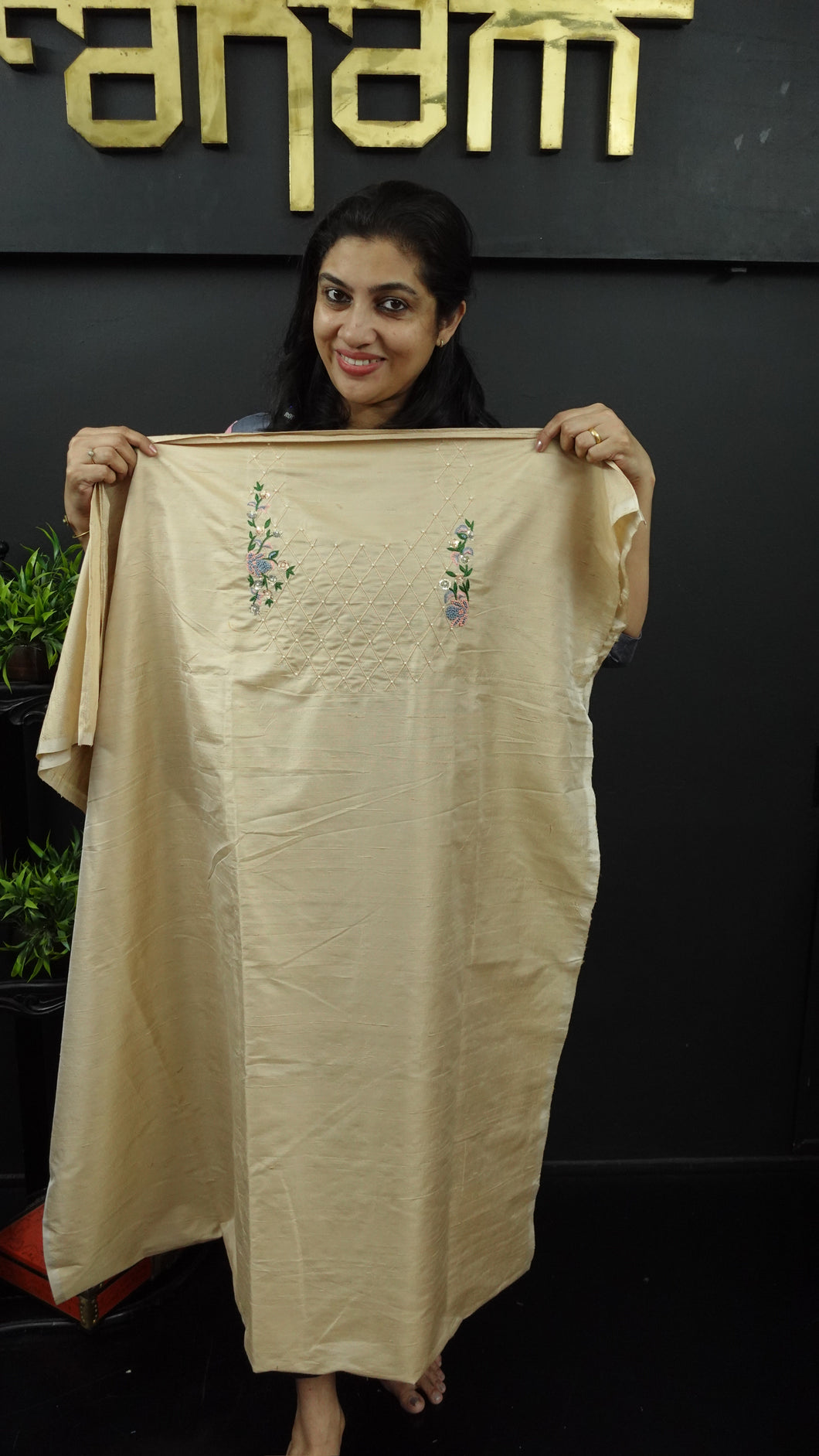 Golden cream color embroidered unstitched raw silk kurtha material | AH564