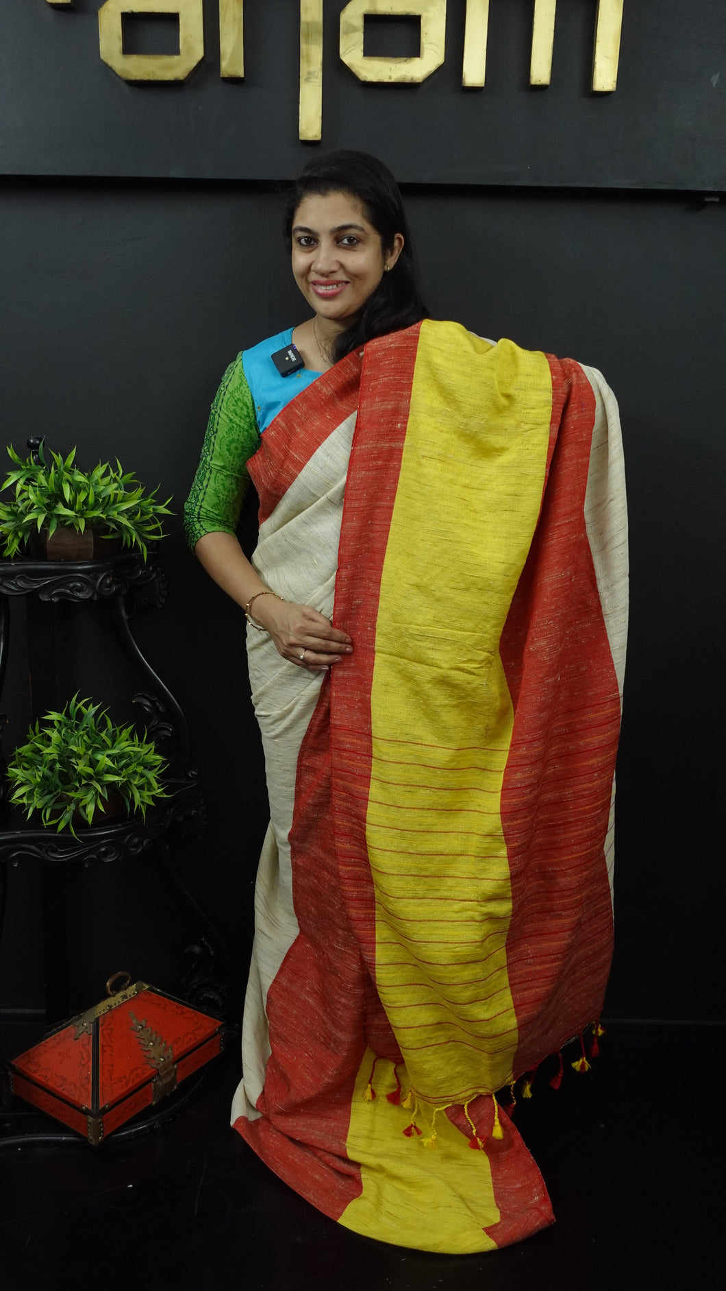 White with yellow and red color combination jute finished Kesia saree | AB214