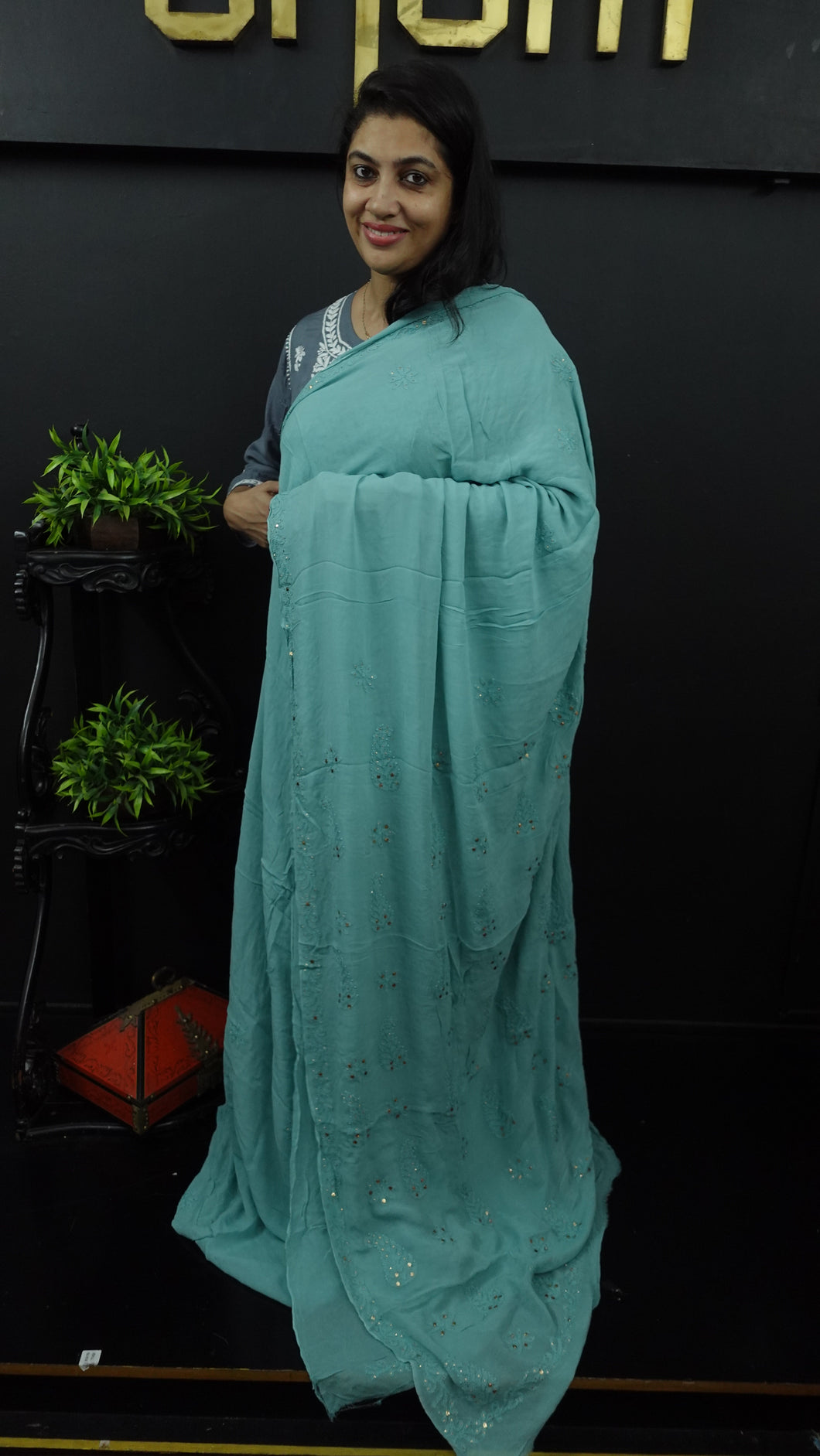Teal grey colour hand lucknowi worked georgette saree | SR251