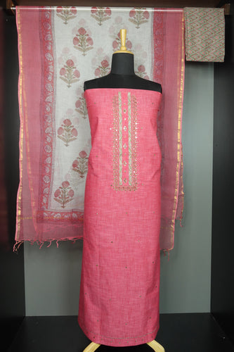 Slub finished Hand Embroidered Cotton Salwar Set Unstitched | AF238
