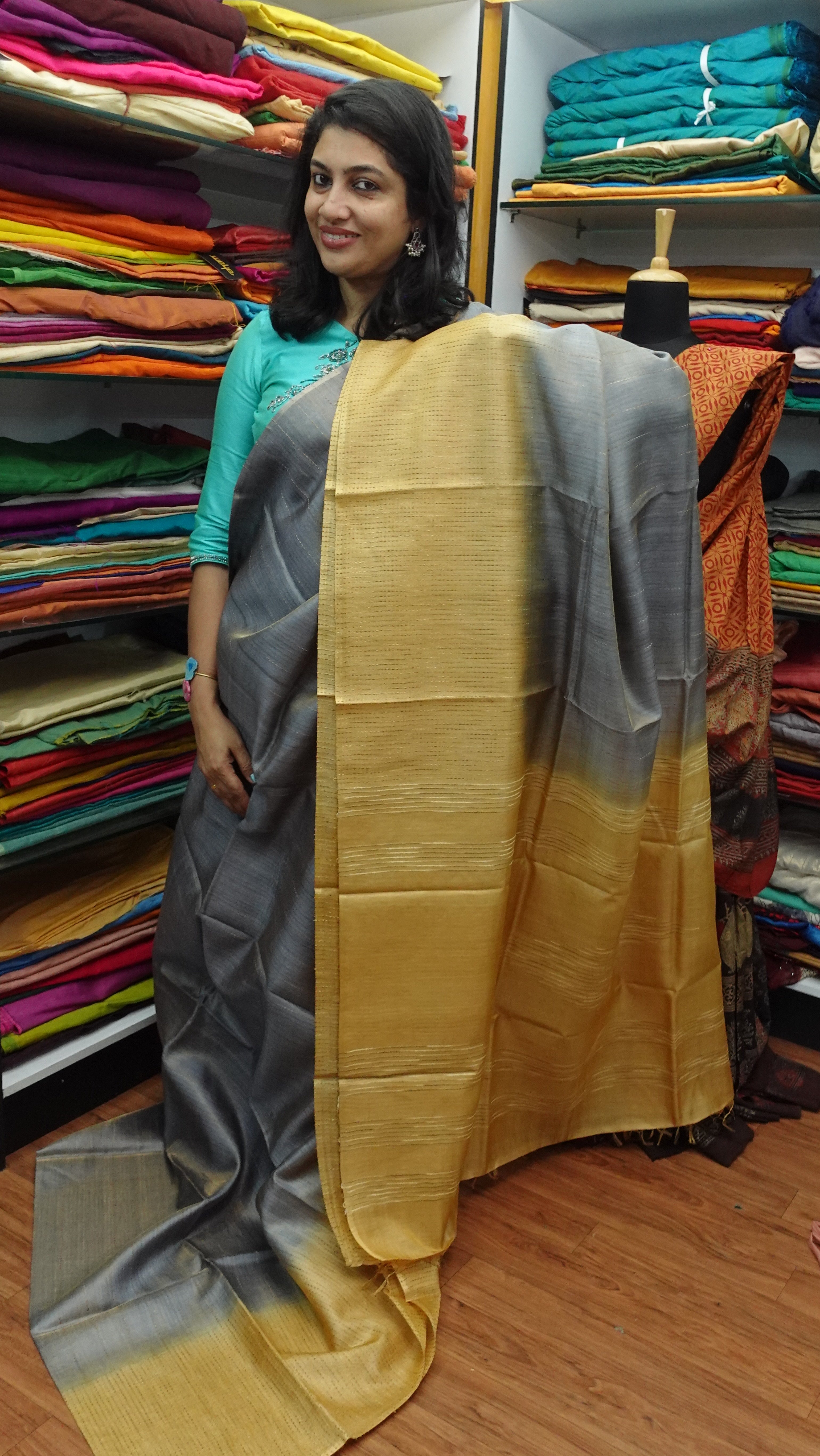 Tissue finish shaded colour combination tussar saree | HS548