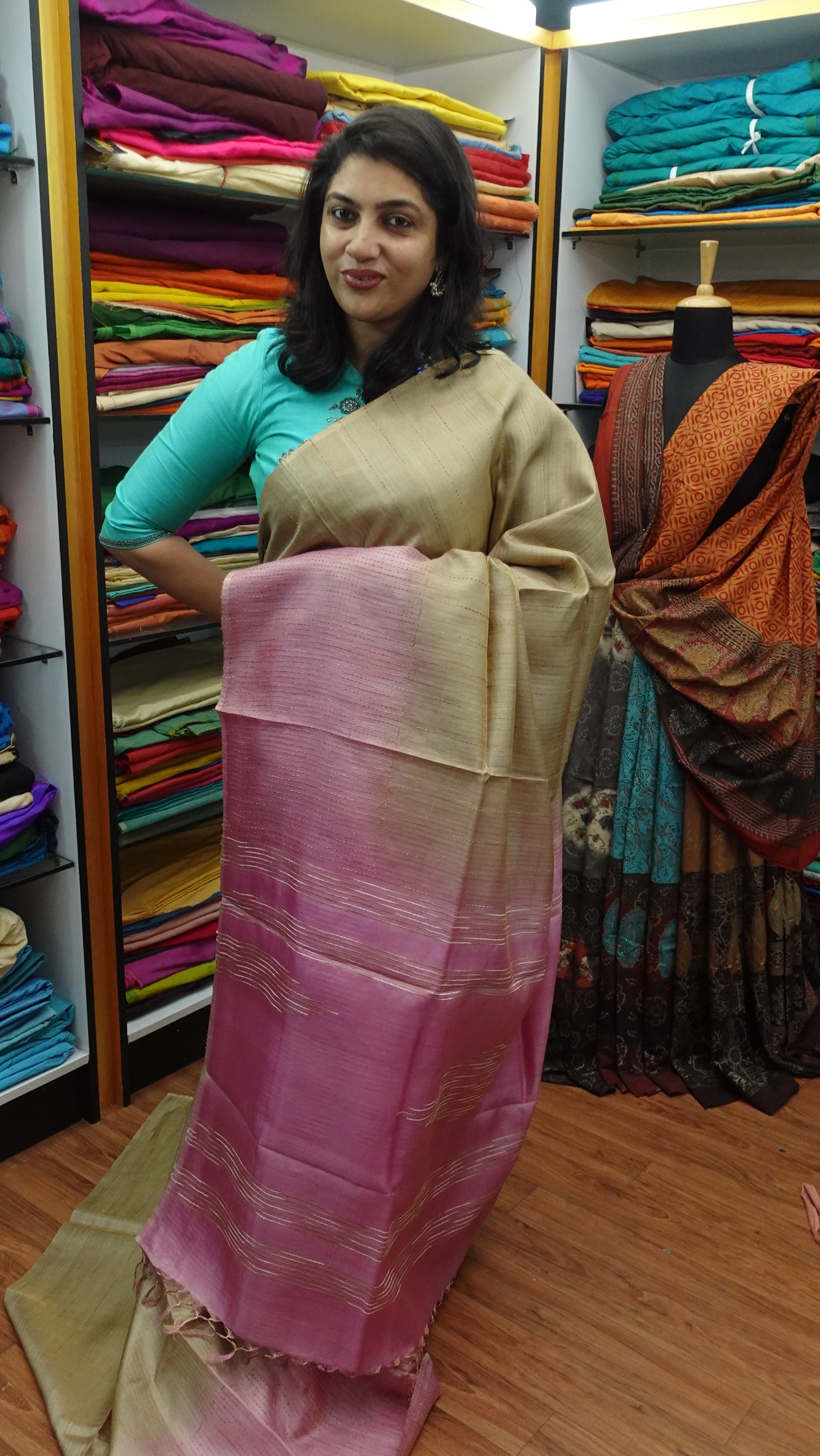 Tissue finish shaded colour combination tussar saree | HS548