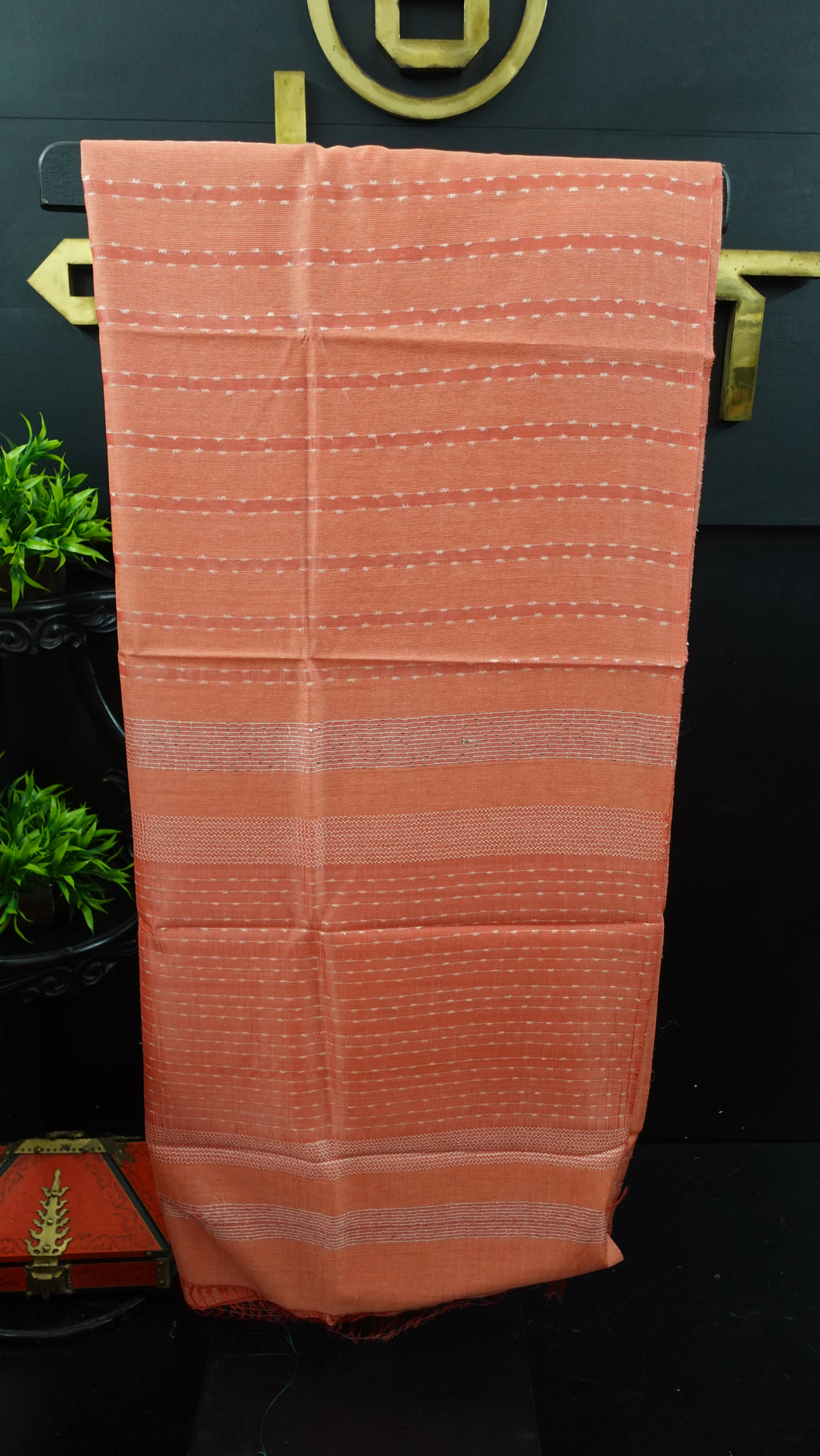 Peach color noil tussar saree with weave patterns | PF667