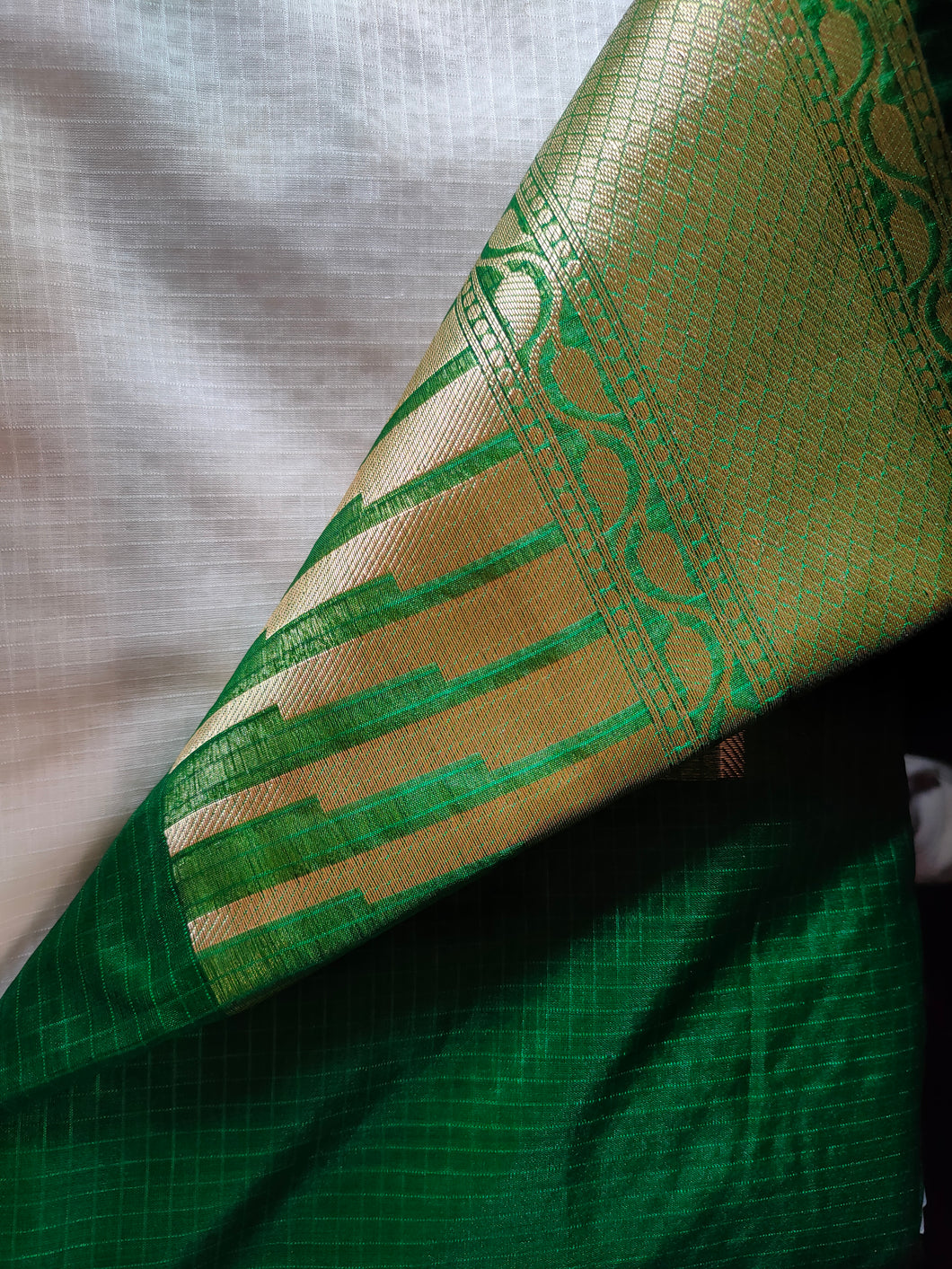 White and bottle green color combination check silky kota saree  | HU109