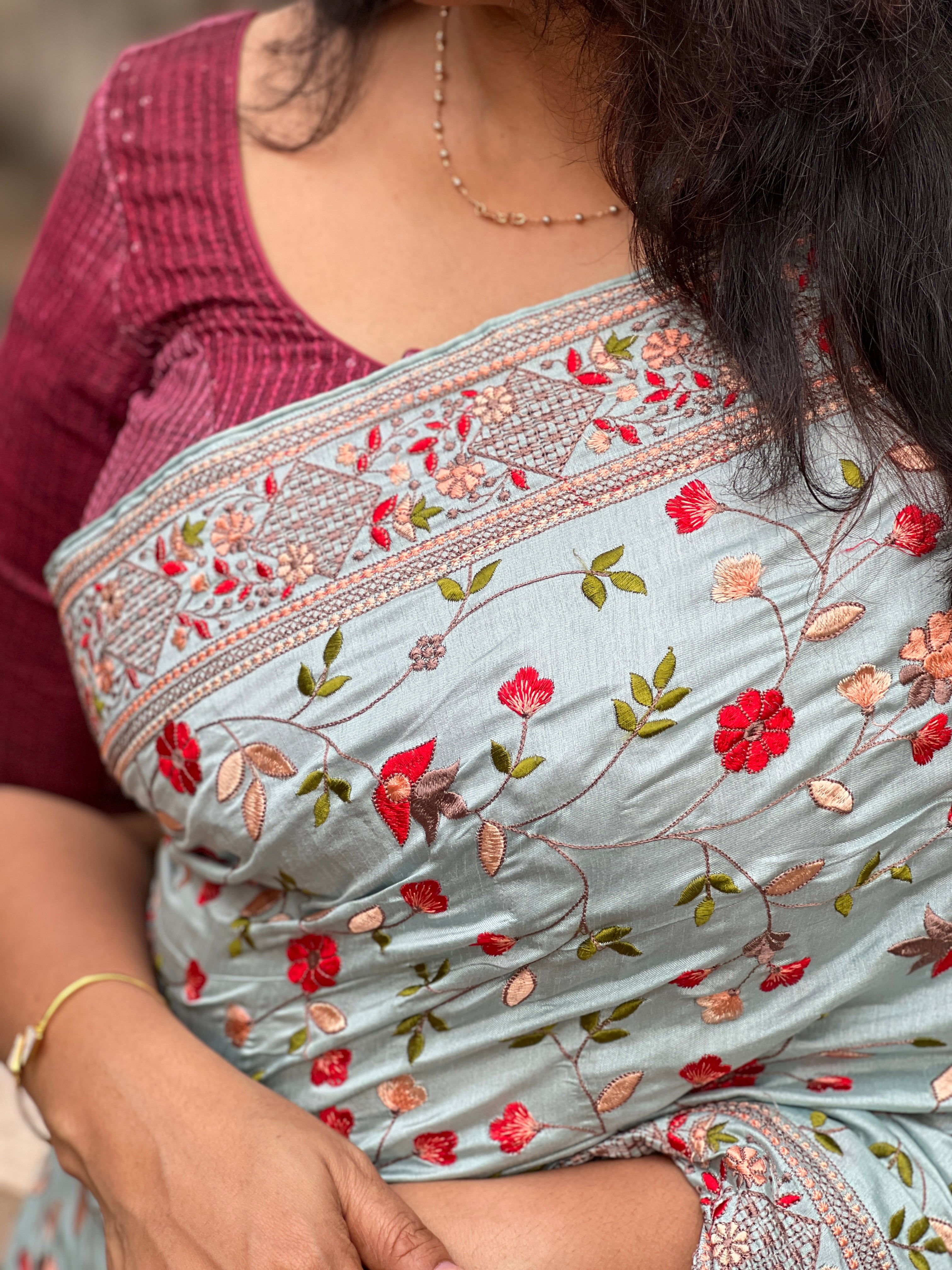 Floral Embroidered Semi Tussar Saree | RP261