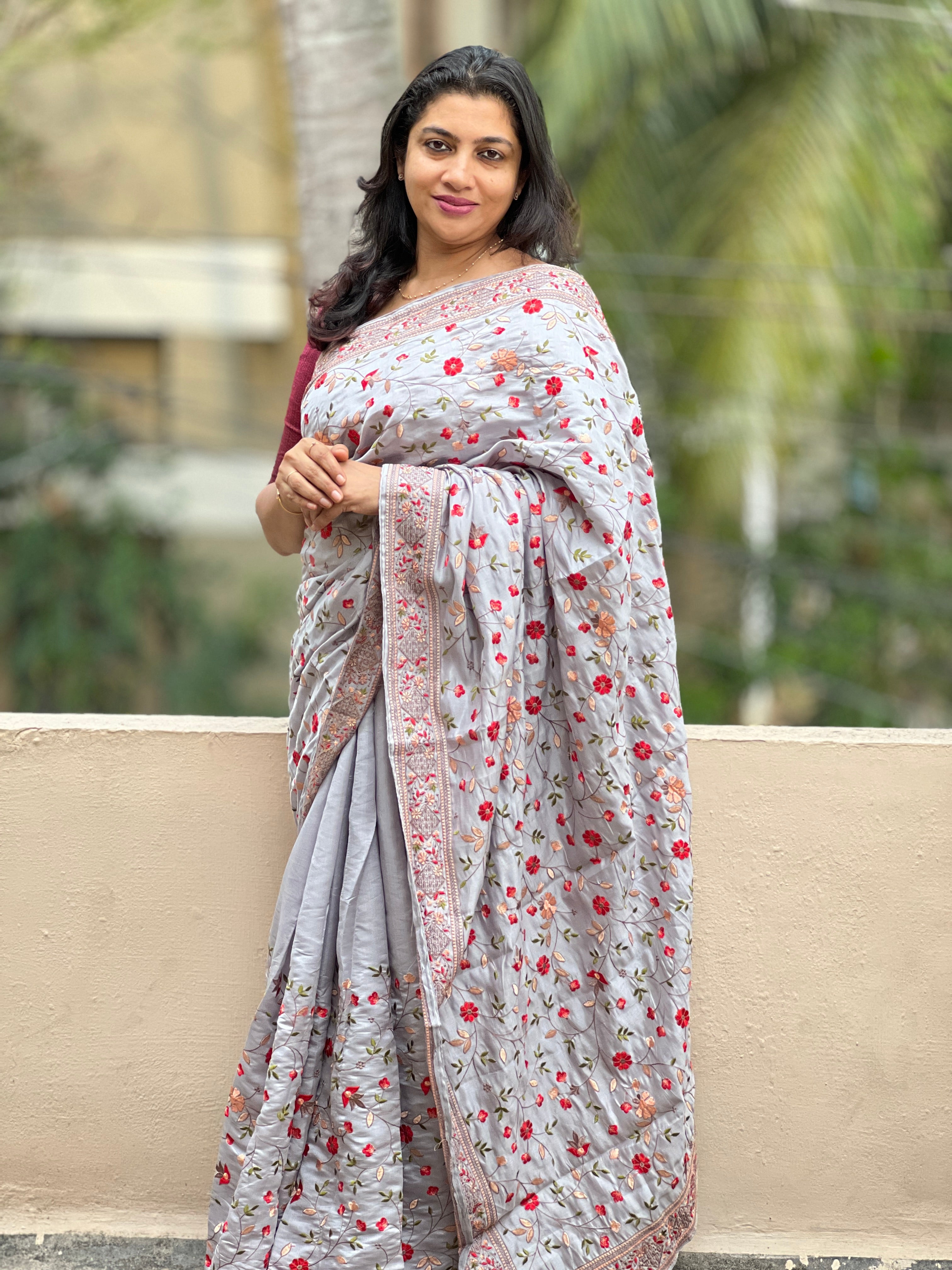 Floral Embroidered Semi Tussar Saree | RP261