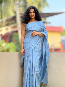 Floral Embroidery Bamboo Tussar Saree | MNH225