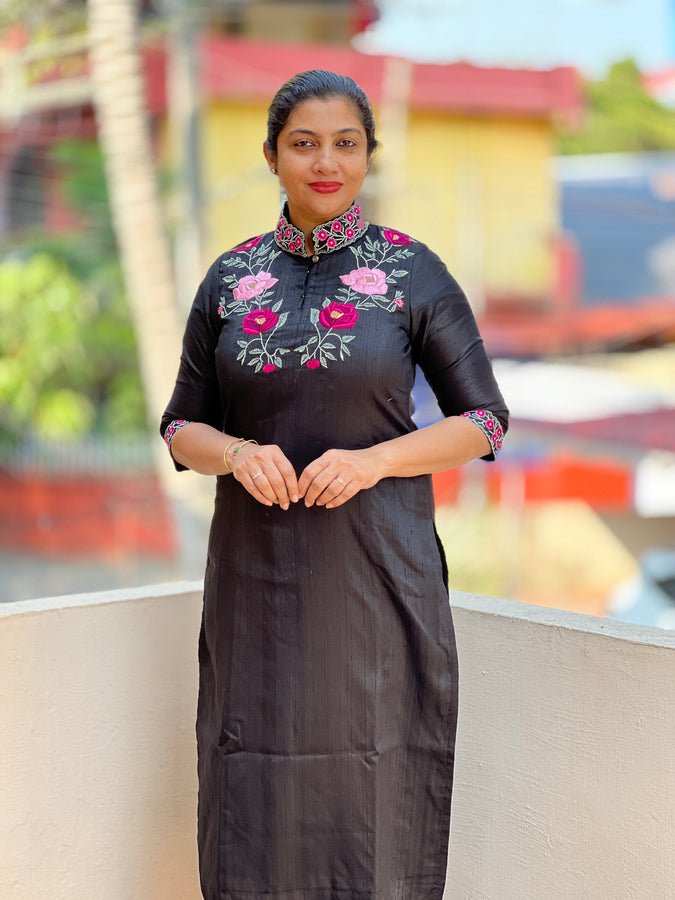 Floral Embroidered Raw Silk Kurta Material | MJ101