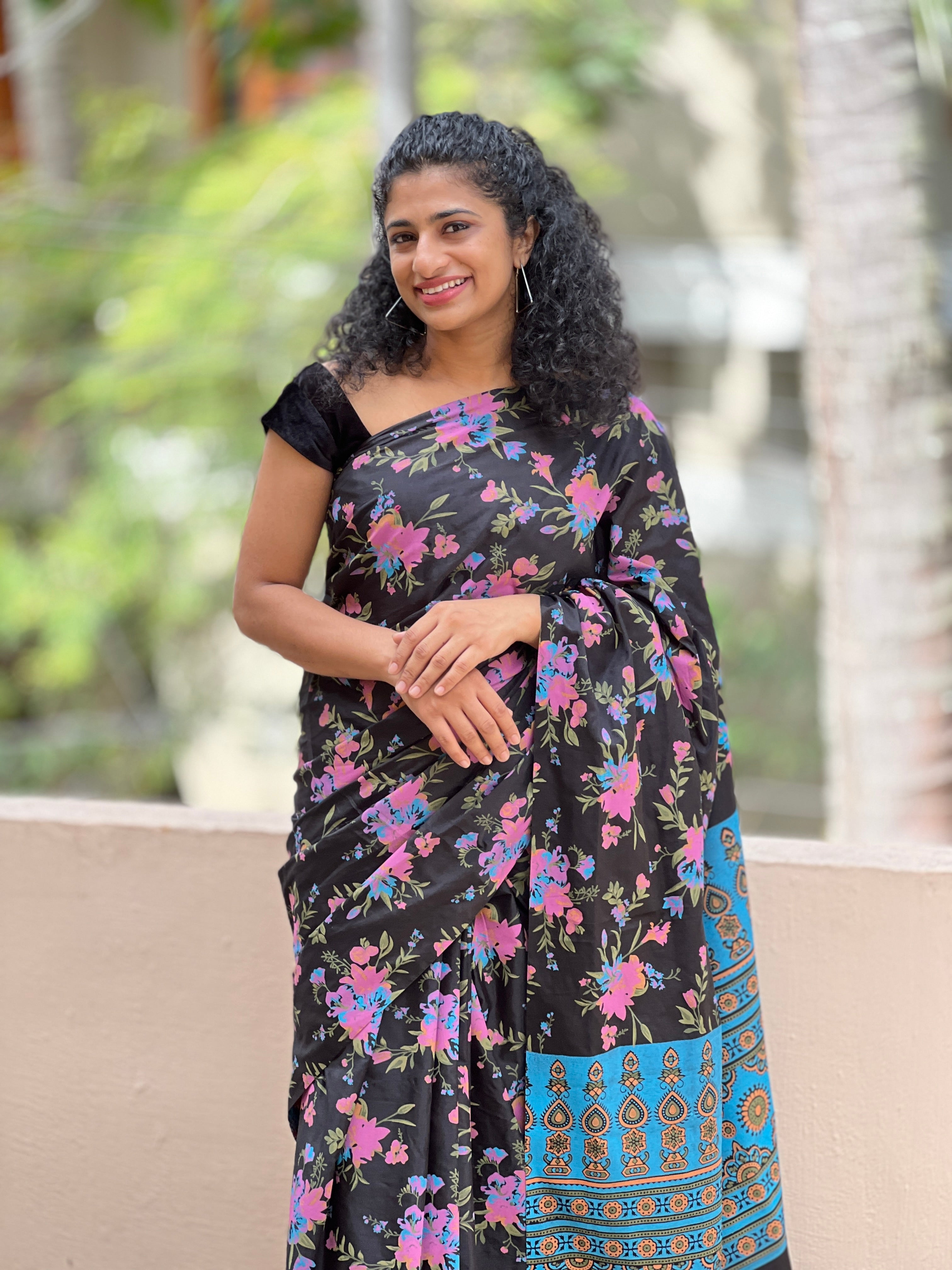 Screen Printed Black Color Semi Silk Saree | ACSN104