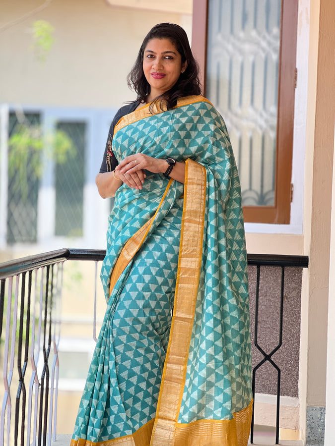 Green & Yellow Modal Finished Chanderi Saree With Zari Border | ARS244