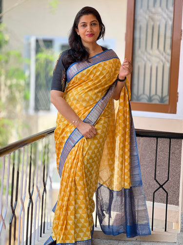 Yellow & Blue Modal Finished Chanderi Saree With Zari Border | ARS243