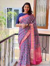 Blue & Pink Modal Finished Chanderi Saree With Zari Border | ARS224