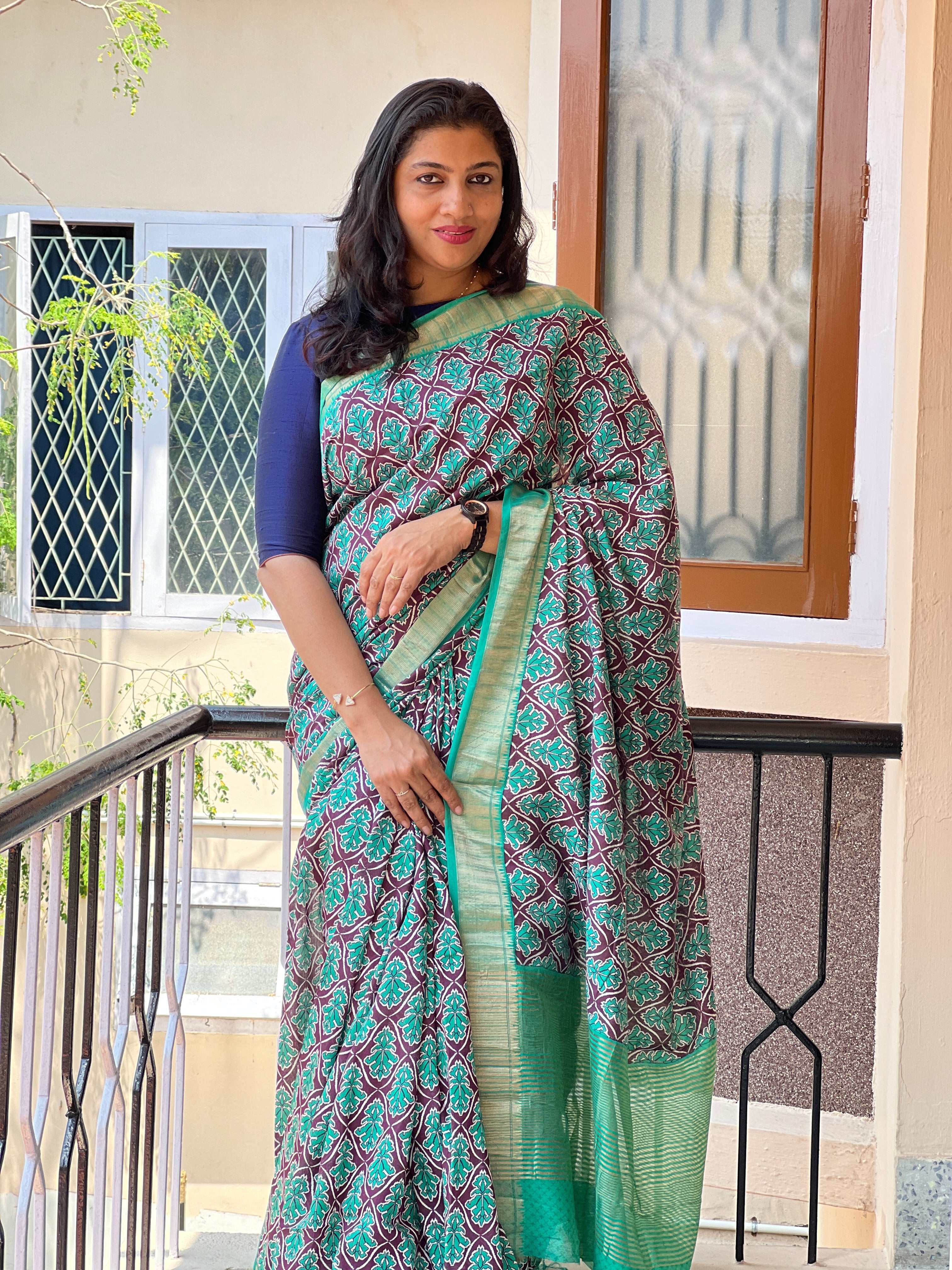Green & Brown Modal Finished Chanderi Saree With Zari Border | ARS225