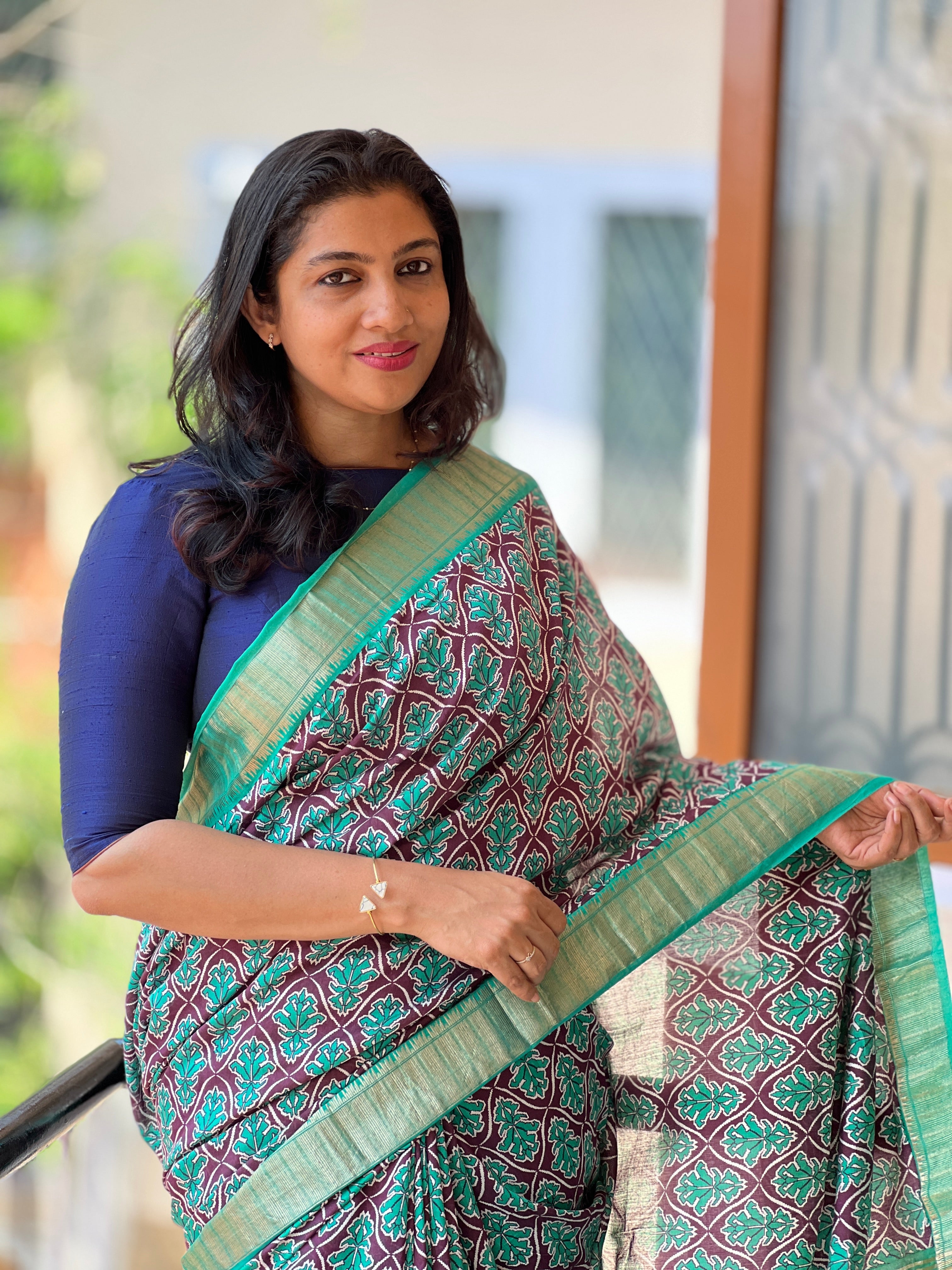 Green & Brown Modal Finished Chanderi Saree With Zari Border | ARS225