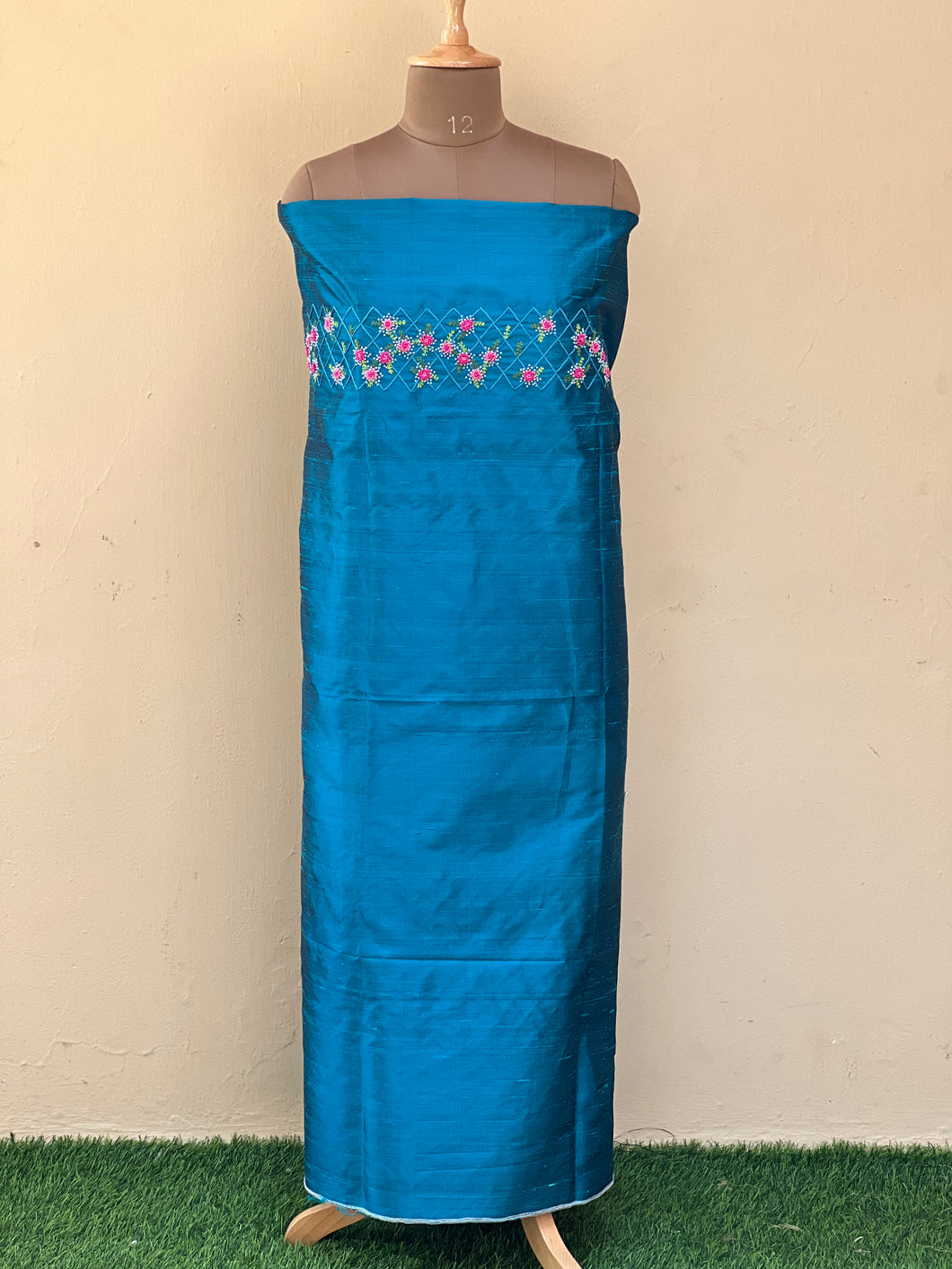 Peacock Blue Embroidered Unstitched Raw Silk Kurta Material | AH563