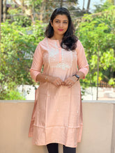 Floral Hand Embroidery Semi Silk Peach Kurta | NI568