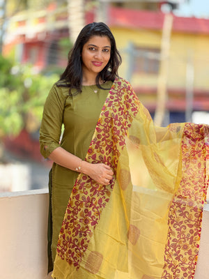 Yellow & Maroon Organza Dupatta | SW1342