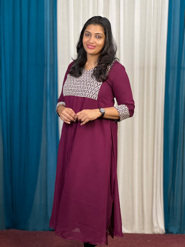 Lucknowi Embroidered Burgundy Georgette Kurta | DN366